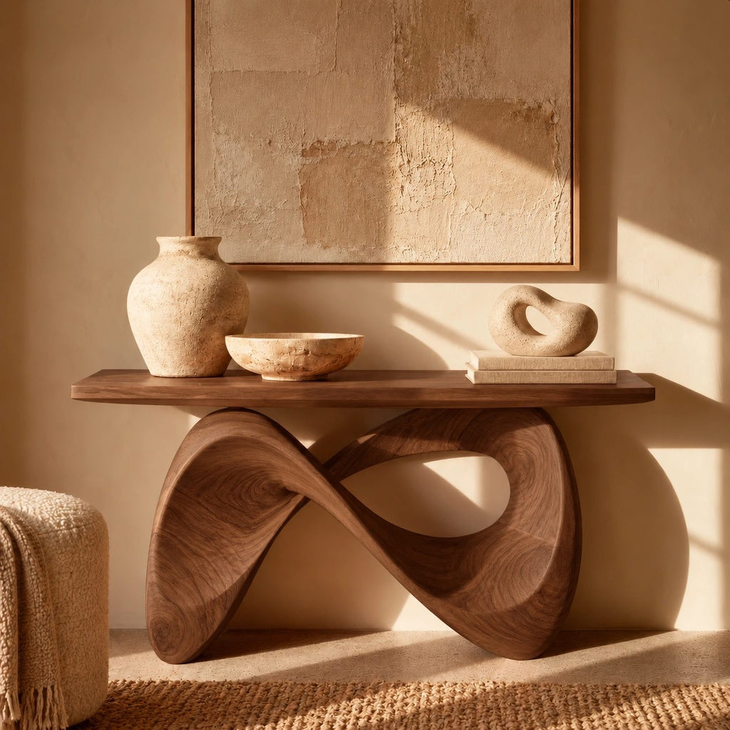 Organic Sculpted Console Table With Infinity Loop Base For Entryway