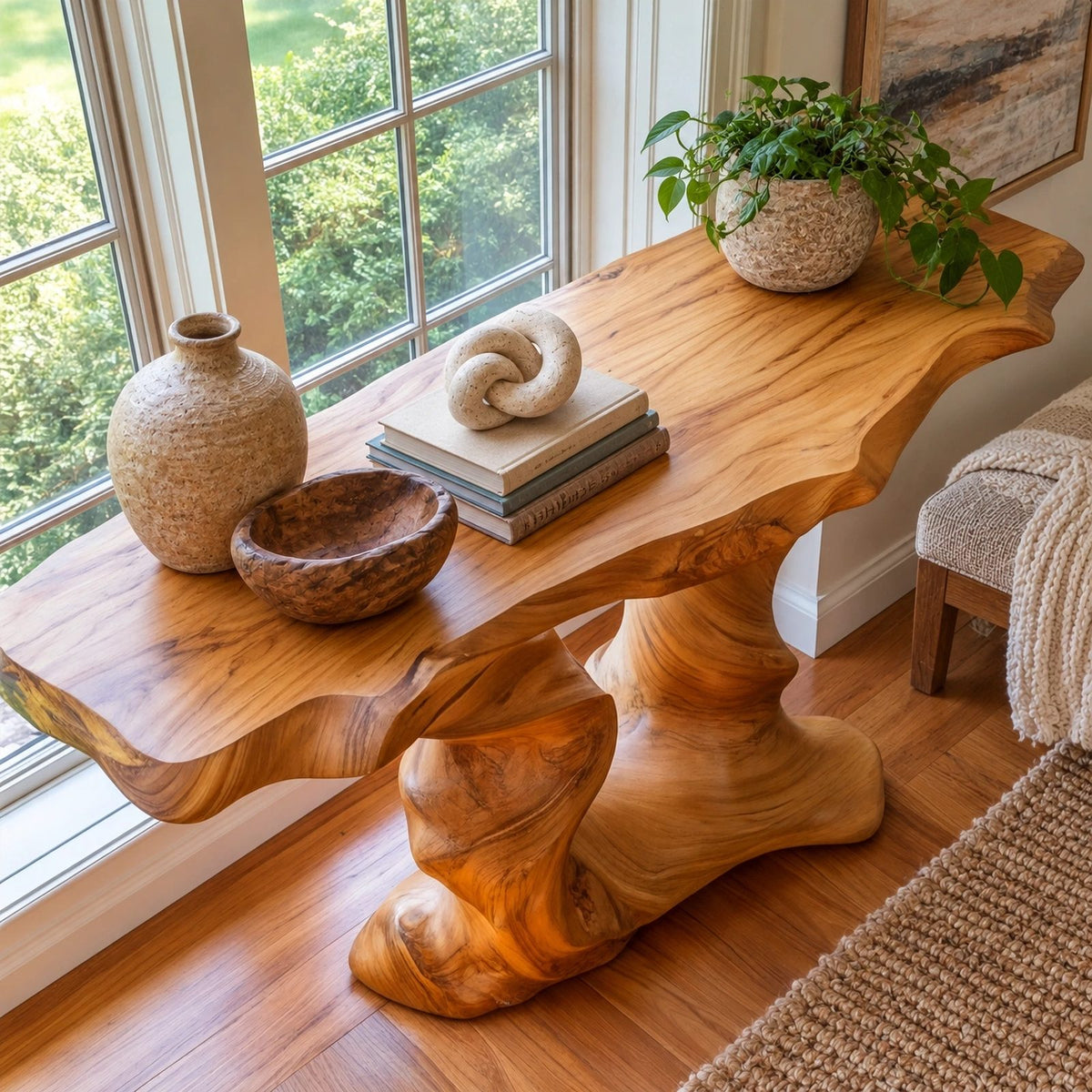 Rustic Live Edge Console Table With Sculpted Root Base For Entryway