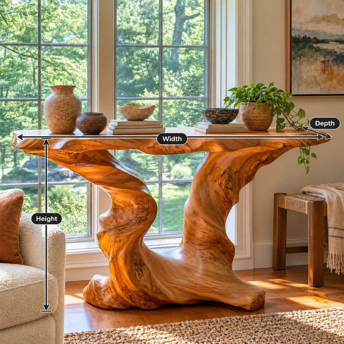 Rustic Live Edge Console Table With Sculpted Root Base For Entryway