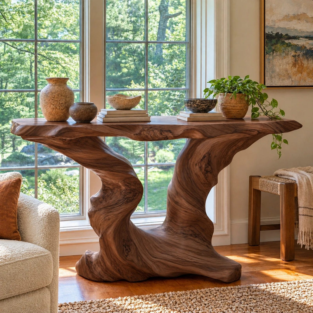 Rustic Live Edge Console Table With Sculpted Root Base For Entryway