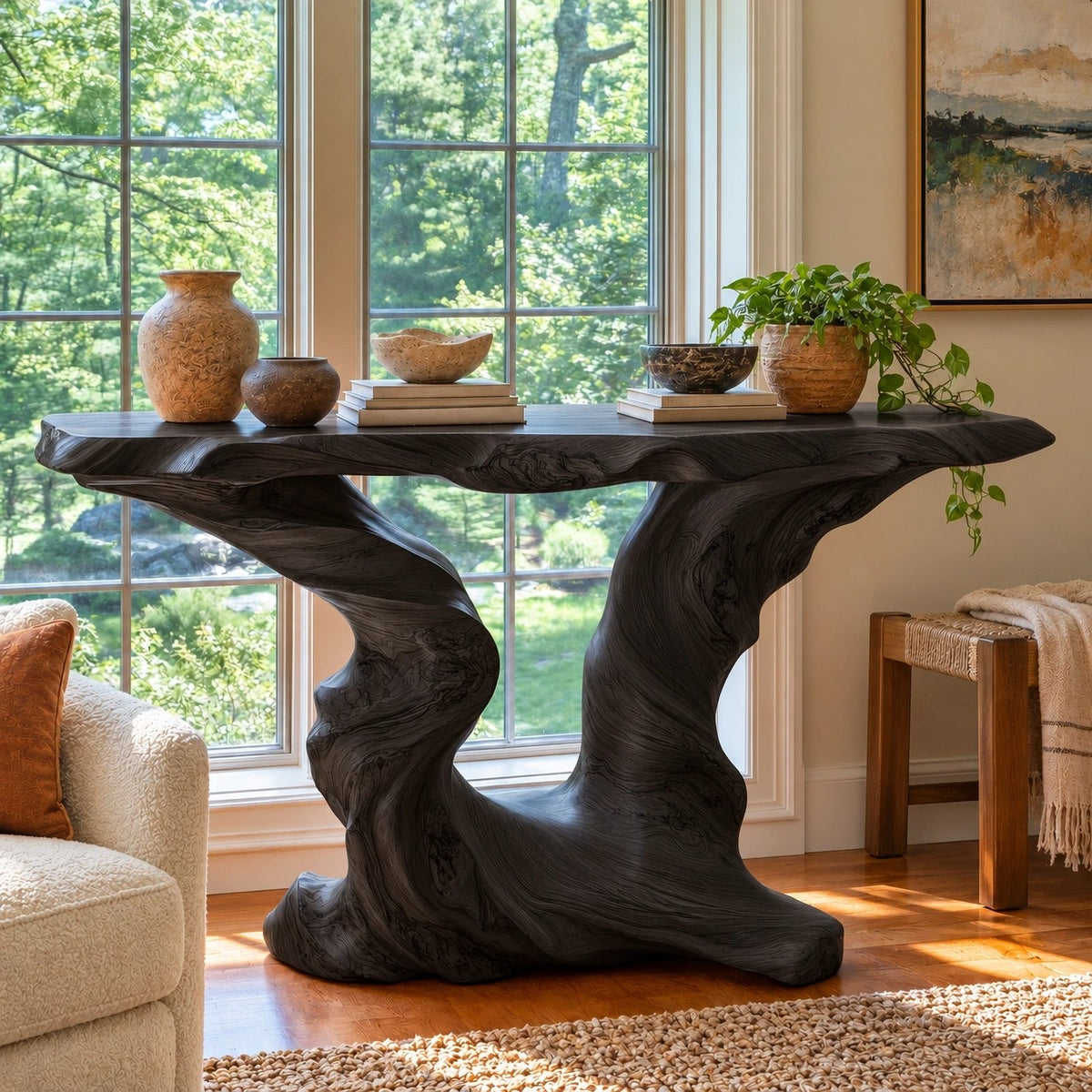 Rustic Live Edge Console Table With Sculpted Root Base For Entryway