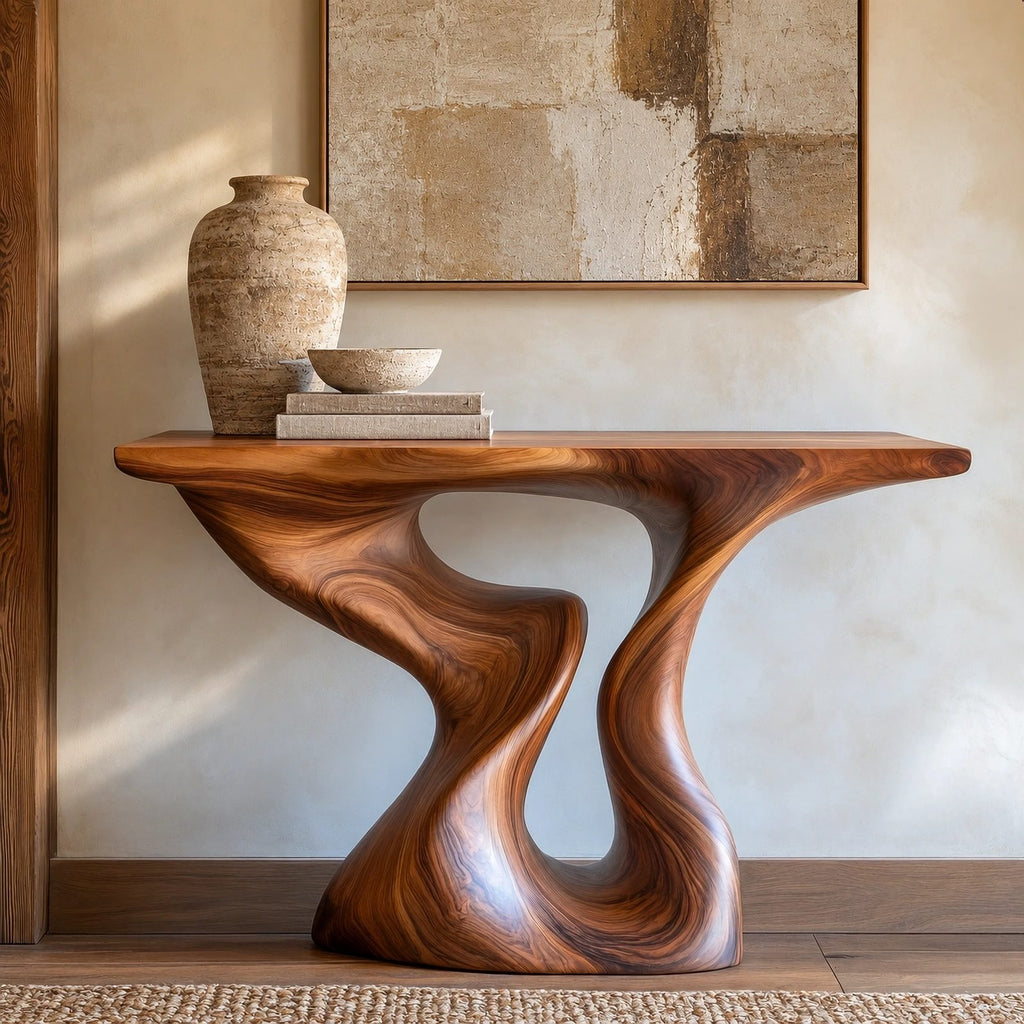 Sculptural Wood Console Table With Hourglass Curve Base For Entryway
