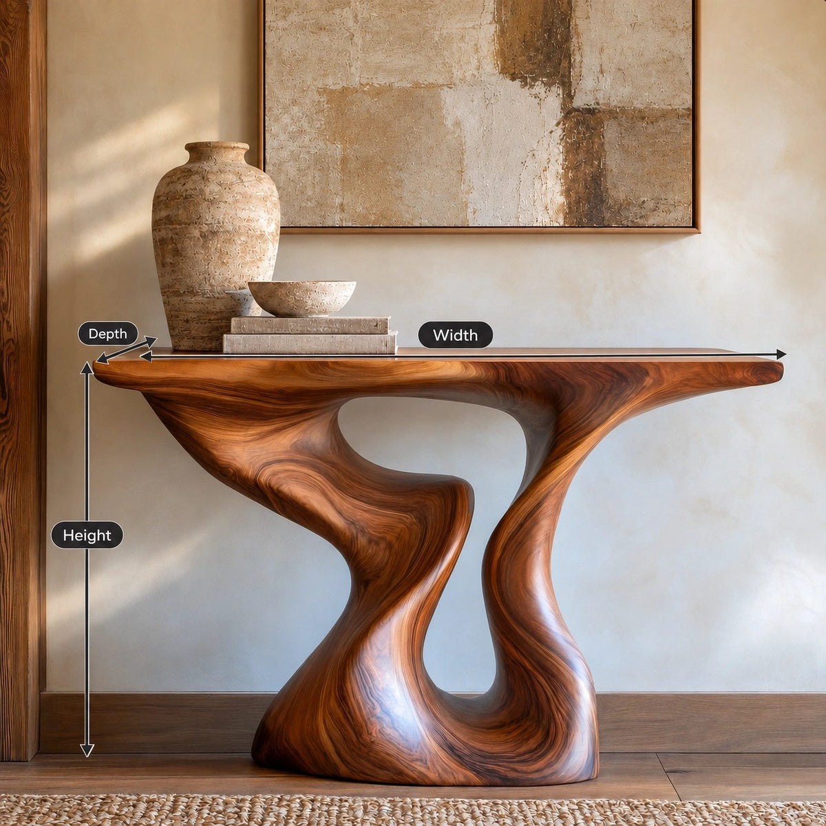 Sculptural Wood Console Table With Hourglass Curve Base For Entryway