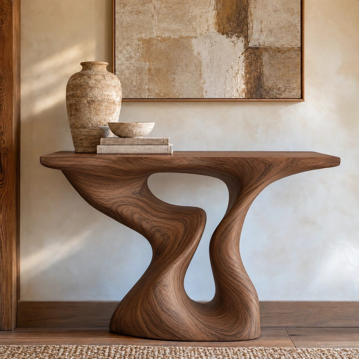Sculptural Wood Console Table With Hourglass Curve Base For Entryway