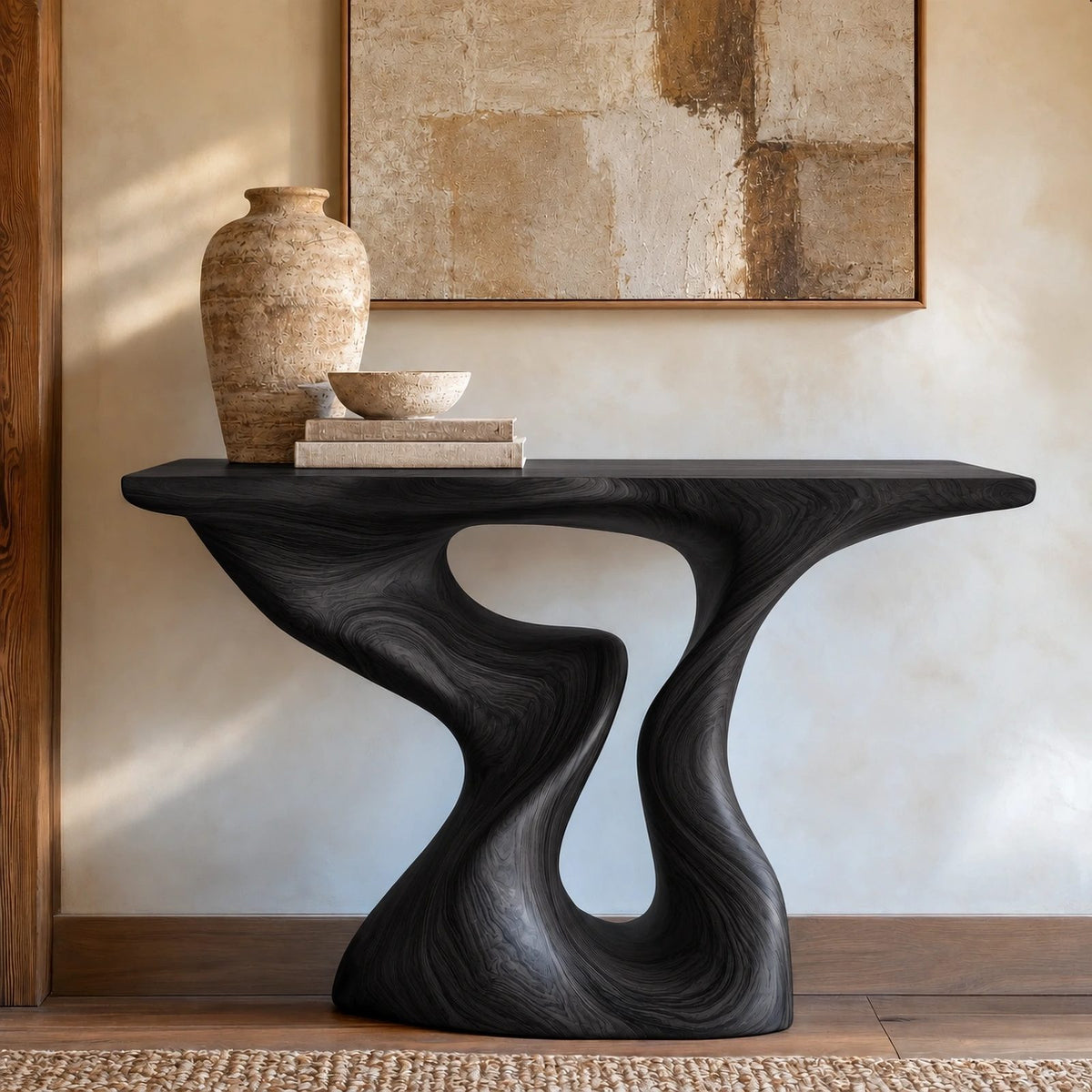 Sculptural Wood Console Table With Hourglass Curve Base For Entryway