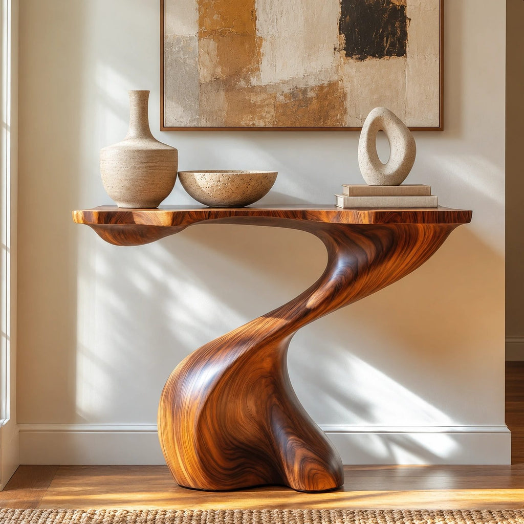 Modern Wood Console Table With Spiral Twist Base For Entryway