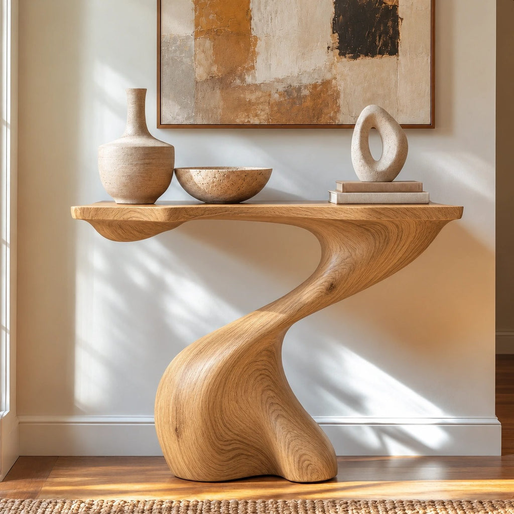 Modern Wood Console Table With Spiral Twist Base For Entryway