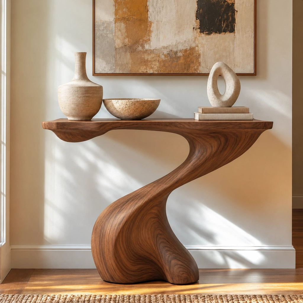 Modern Wood Console Table With Spiral Twist Base For Entryway