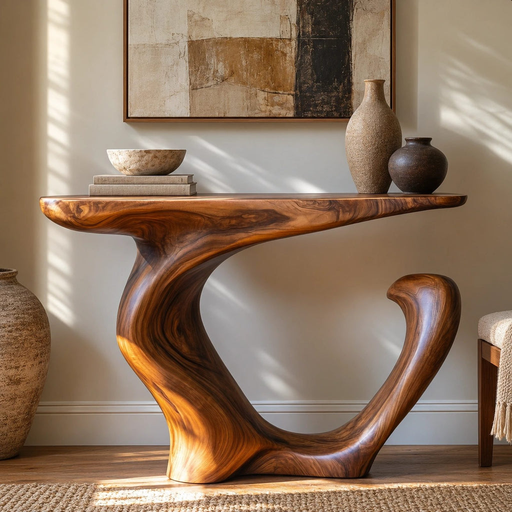 Organic Wood Console Table With Curved Branch Base For Entryway