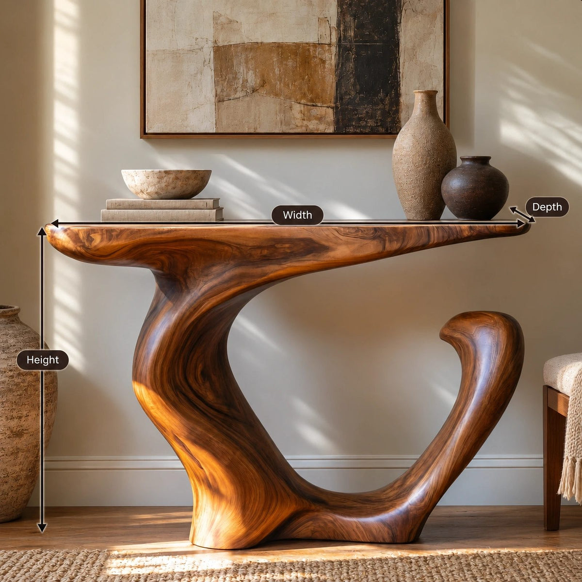 Organic Wood Console Table With Curved Branch Base For Entryway