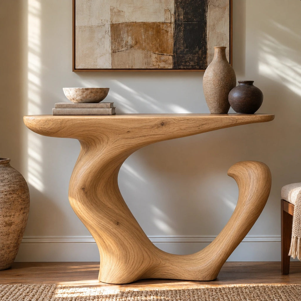 Organic Wood Console Table With Curved Branch Base For Entryway