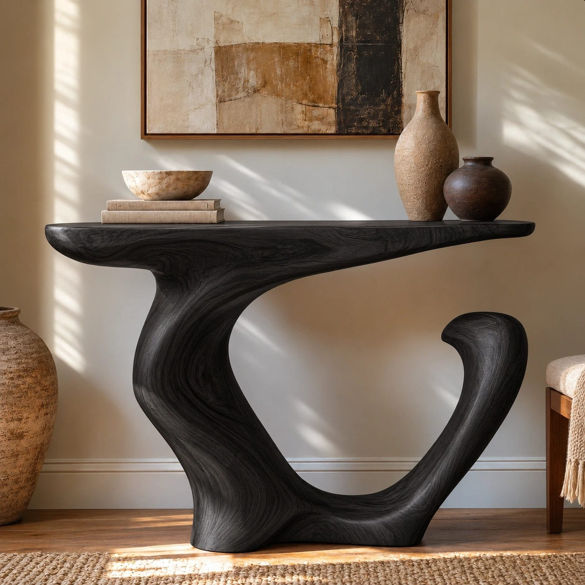 Organic Wood Console Table With Curved Branch Base For Entryway