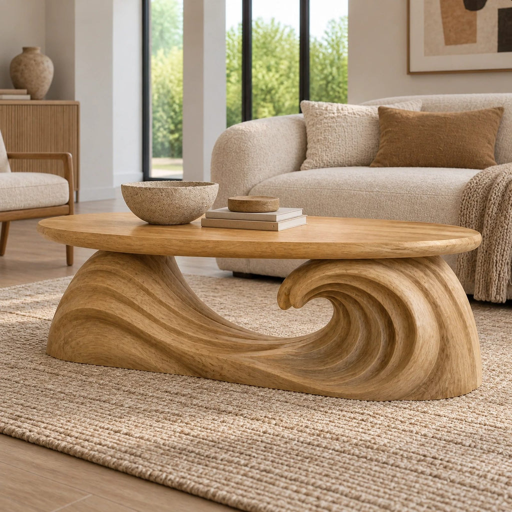 Modern Oval Coffee Table With Flowing Wave Base For Living Room