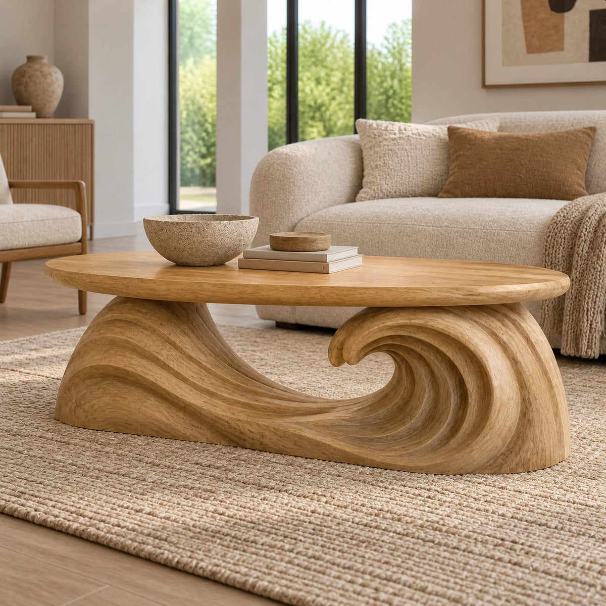 Modern Oval Coffee Table With Flowing Wave Base For Living Room