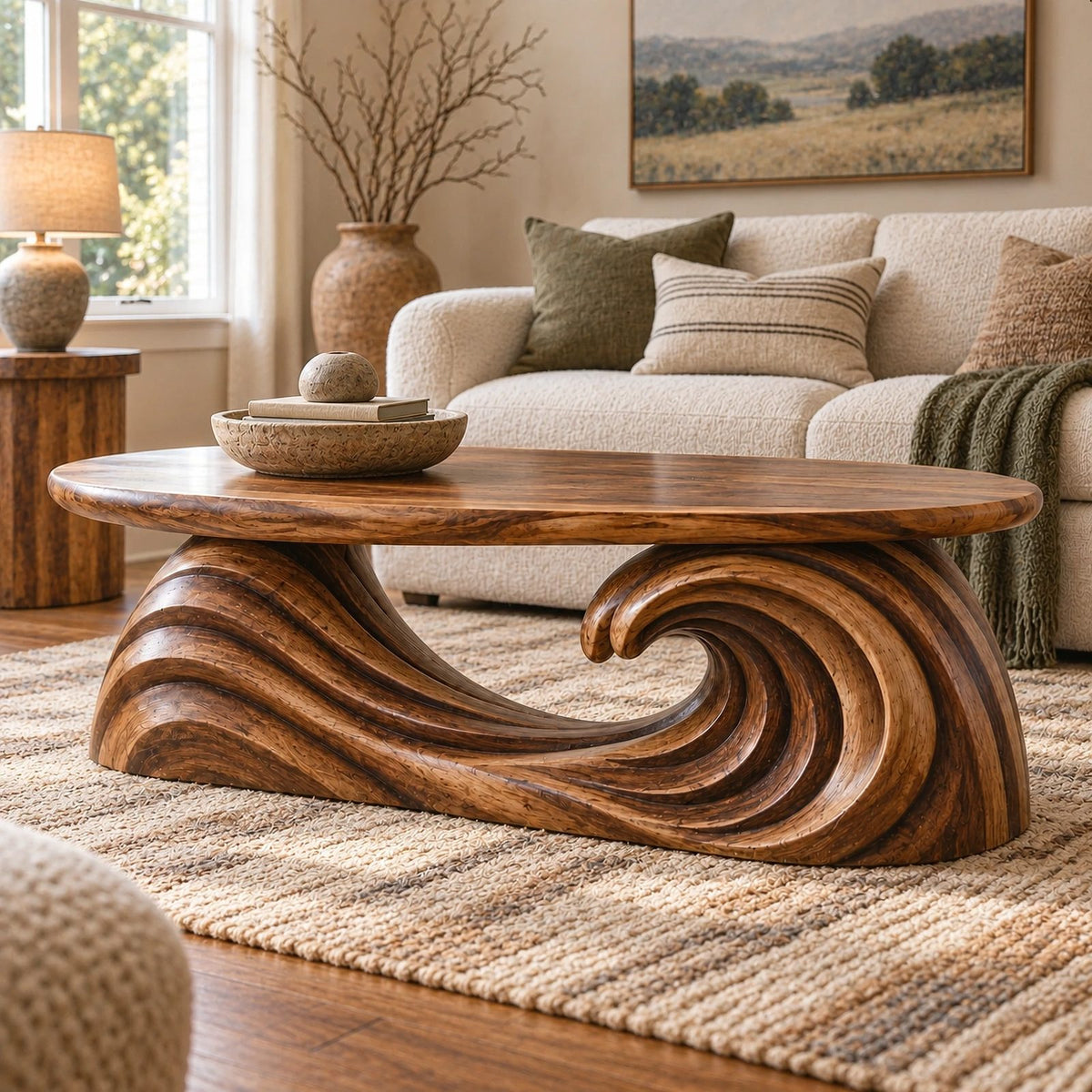 Modern Oval Coffee Table With Flowing Wave Base For Living Room
