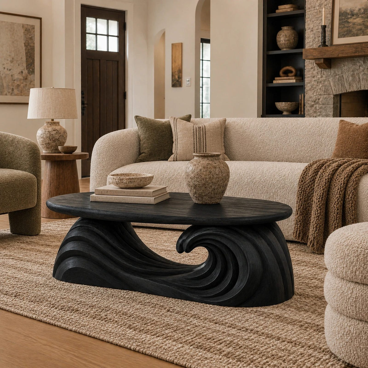Modern Oval Coffee Table With Flowing Wave Base For Living Room