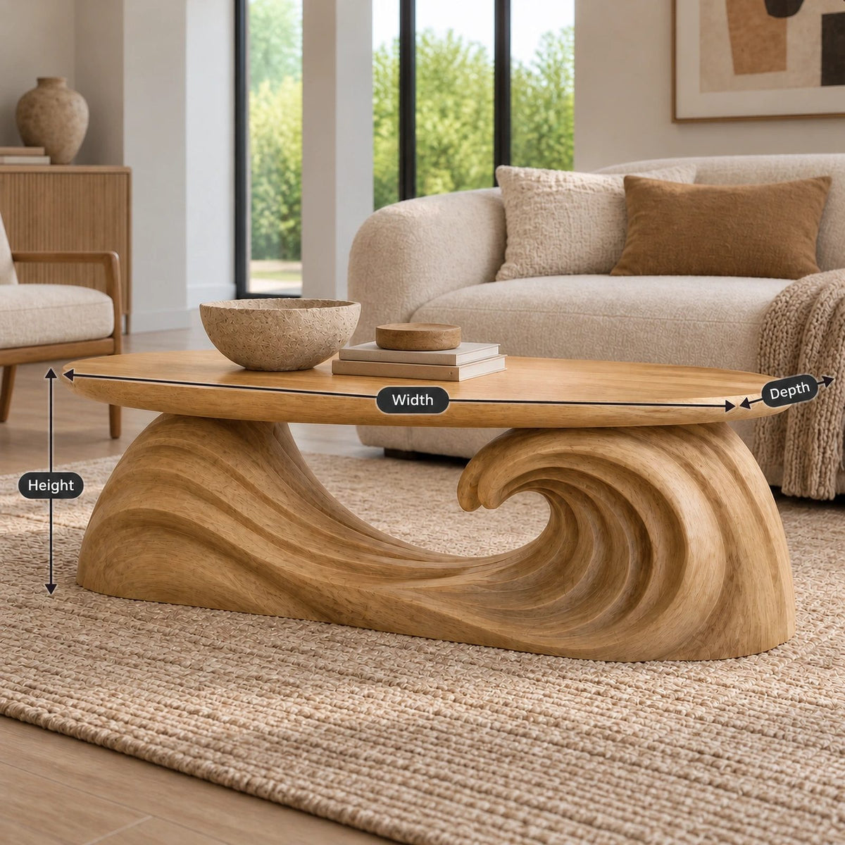 Modern Oval Coffee Table With Flowing Wave Base For Living Room