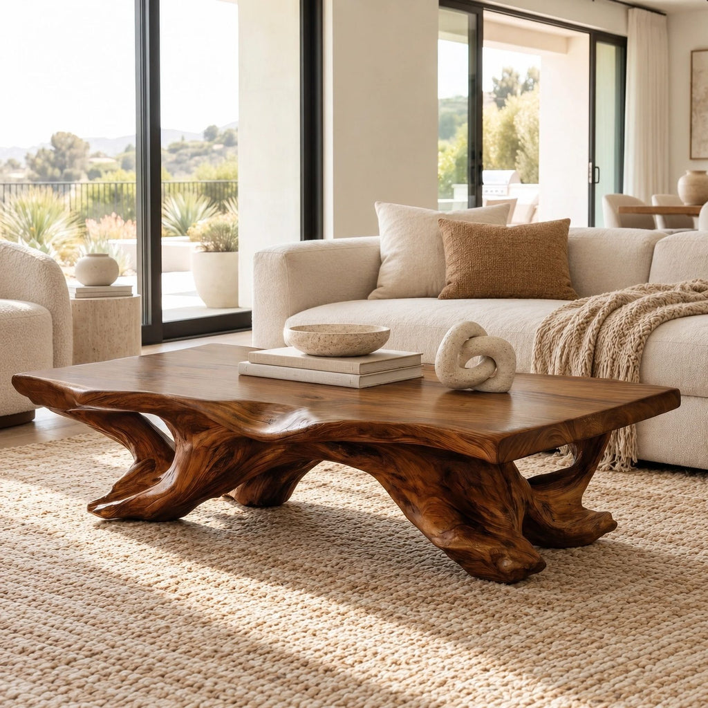 Rustic Live Edge Coffee Table With Sculpted Root Base For Living Room