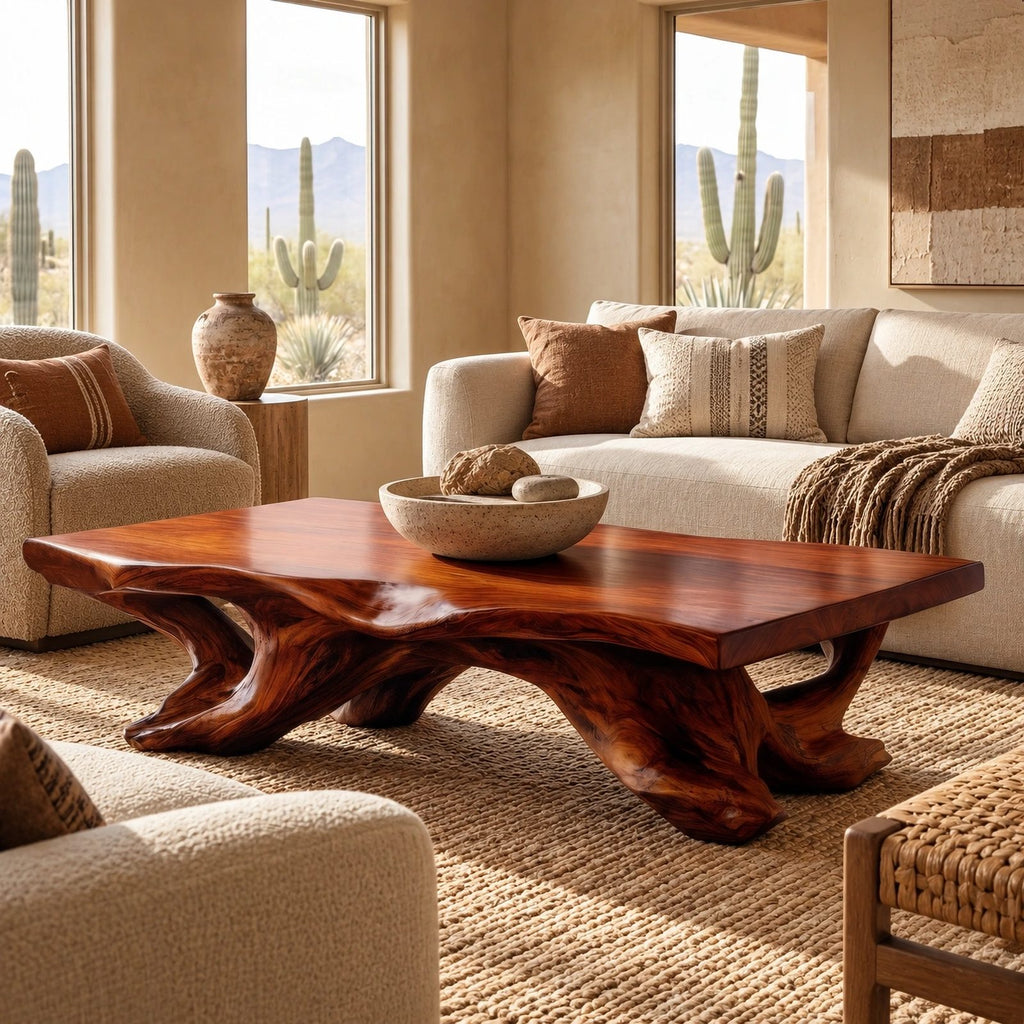 Rustic Live Edge Coffee Table With Sculpted Root Base For Living Room