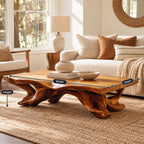 Rustic Live Edge Coffee Table With Sculpted Root Base For Living Room