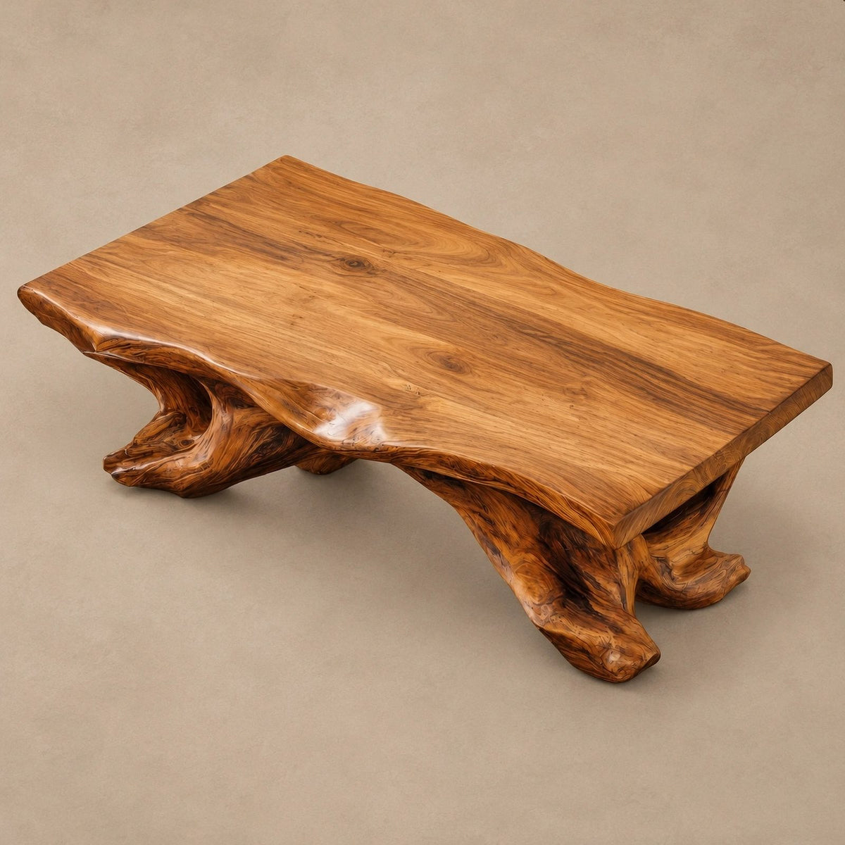 Rustic Live Edge Coffee Table With Sculpted Root Base For Living Room