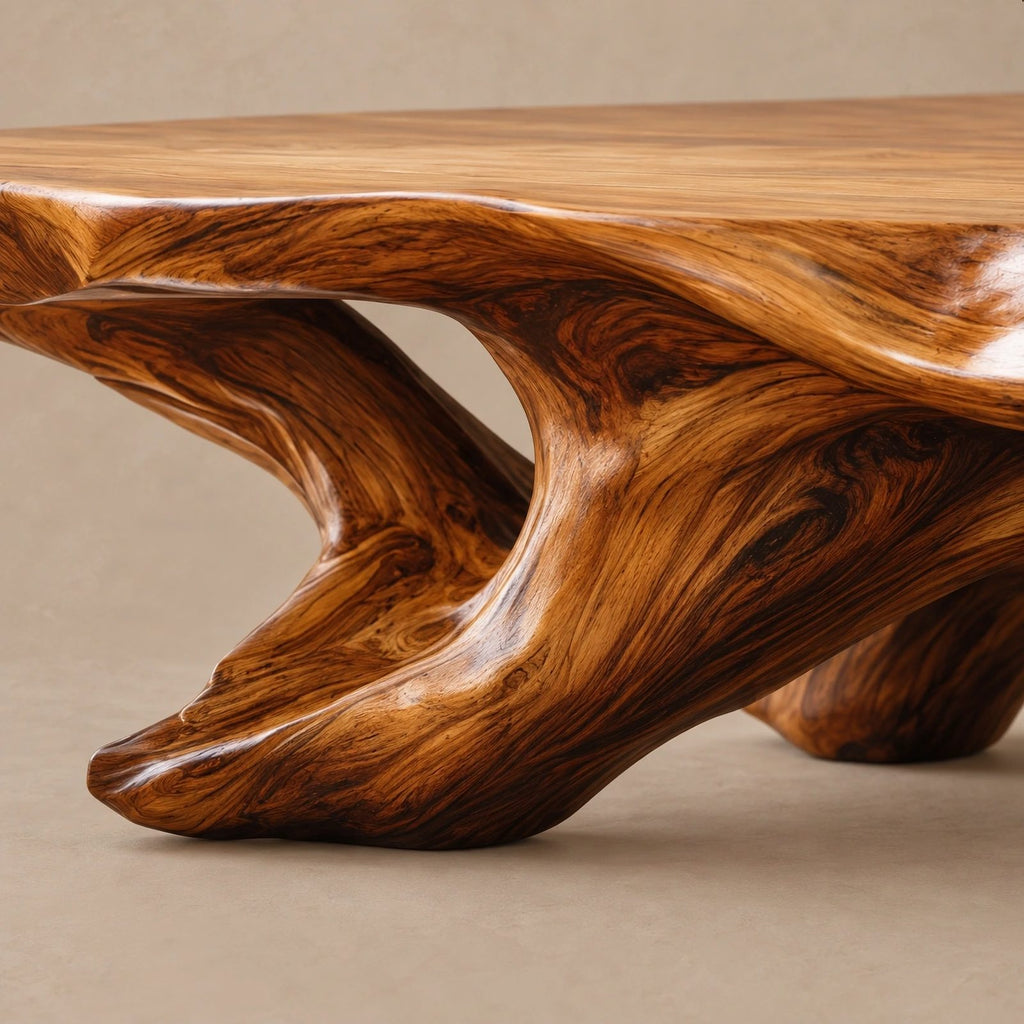 Rustic Live Edge Coffee Table With Sculpted Root Base For Living Room