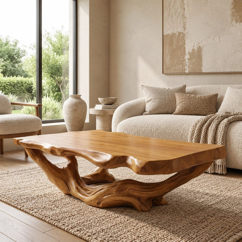 Handcrafted Live Edge Coffee Table With Twisted Root Base For Living Room