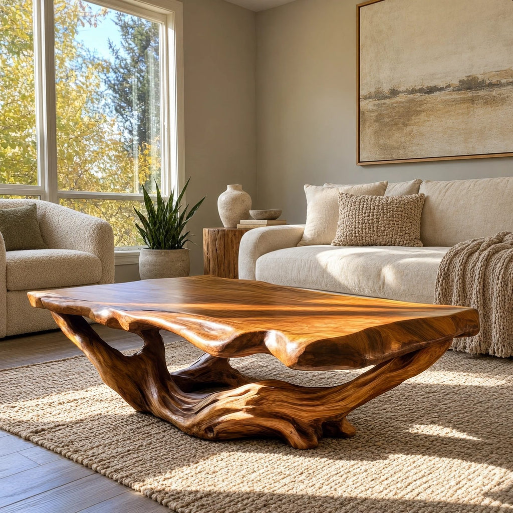 Handcrafted Live Edge Coffee Table With Twisted Root Base For Living Room