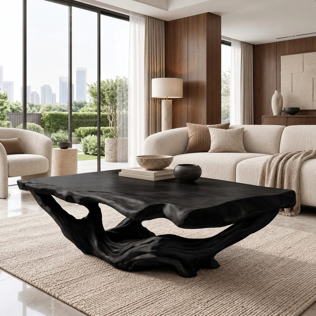 Handcrafted Live Edge Coffee Table With Twisted Root Base For Living Room