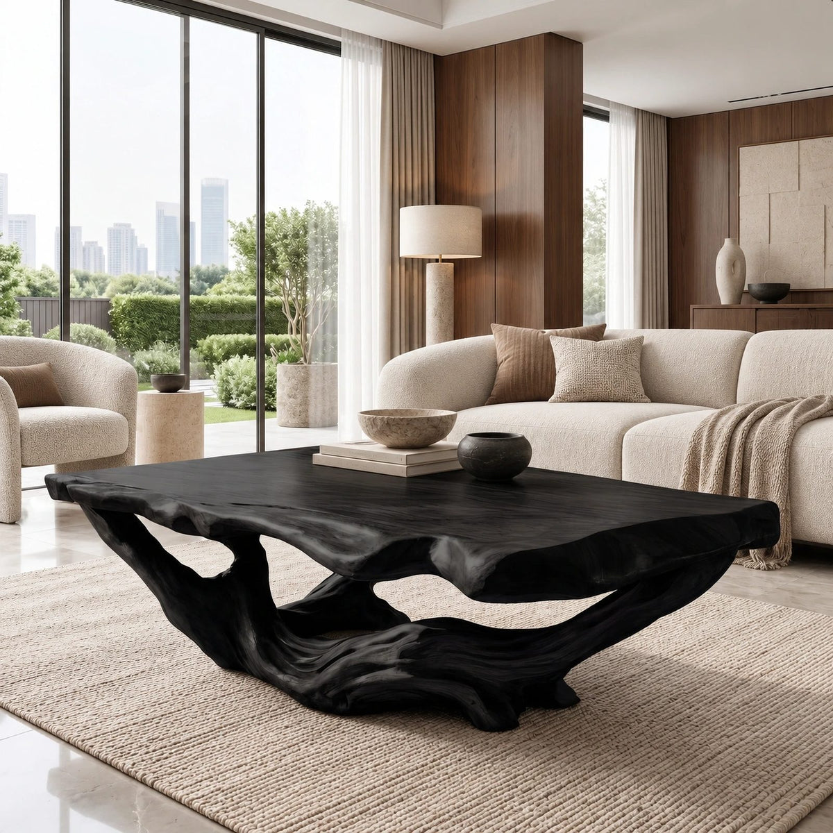 Handcrafted Live Edge Coffee Table With Twisted Root Base For Living Room