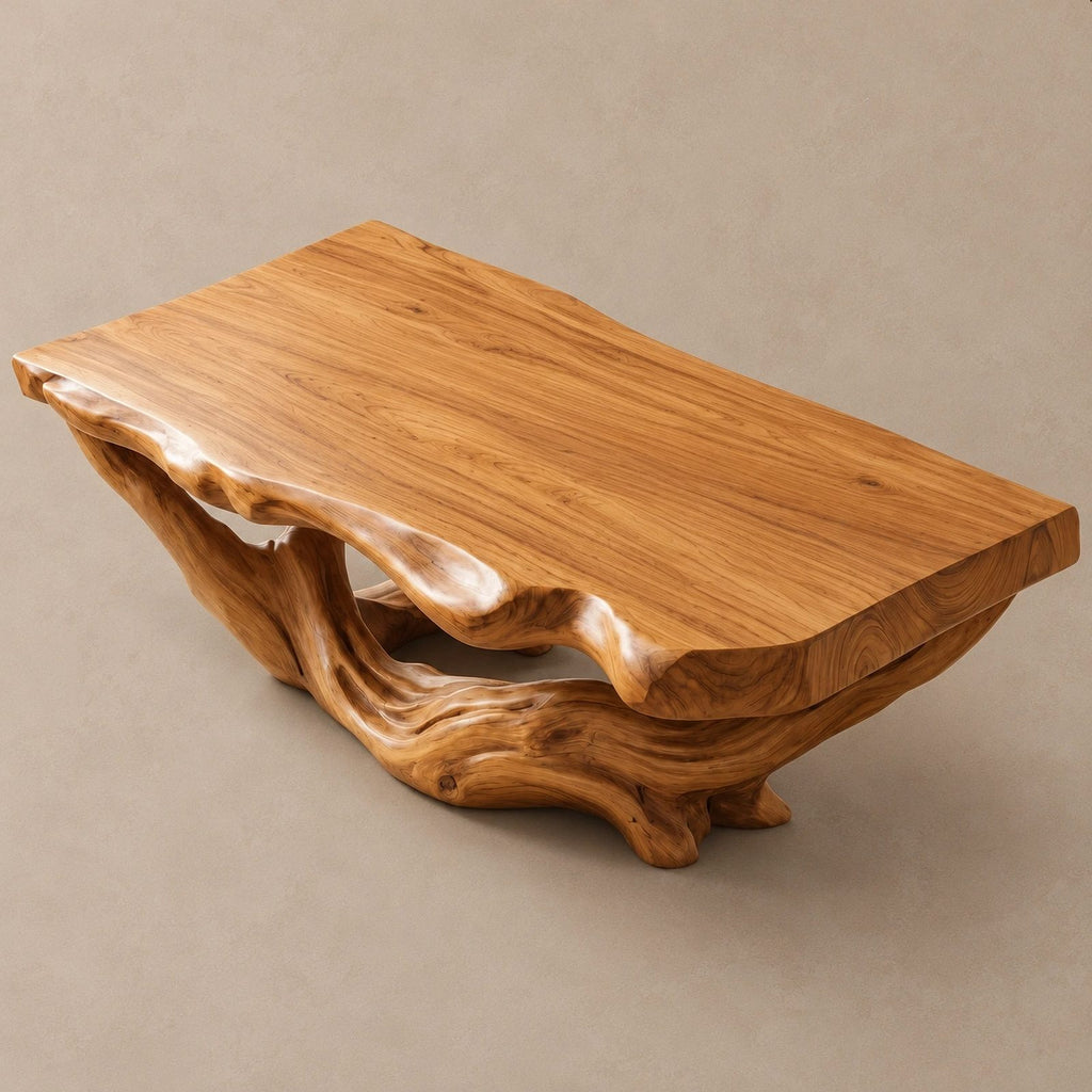 Handcrafted Live Edge Coffee Table With Twisted Root Base For Living Room
