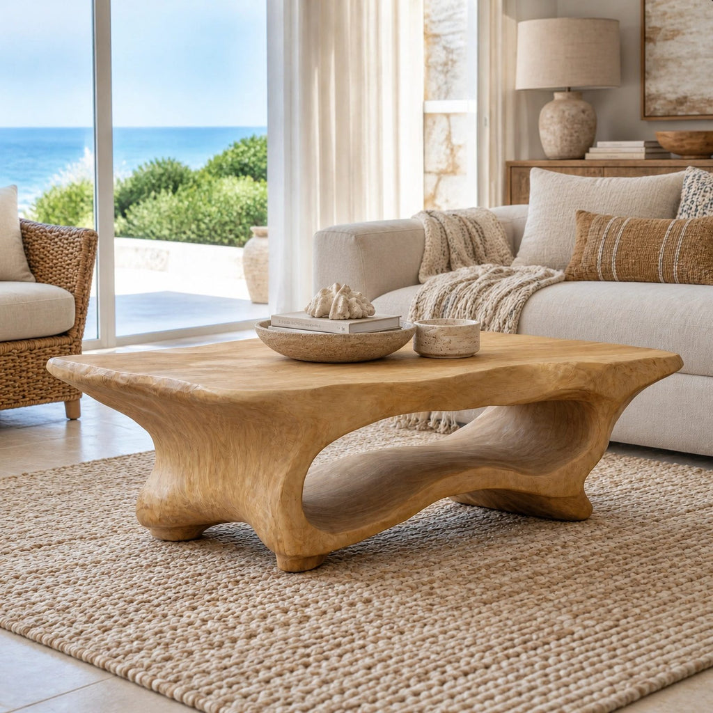 Contemporary Live Edge Coffee Table With Sculpted Wave Base For Living Room