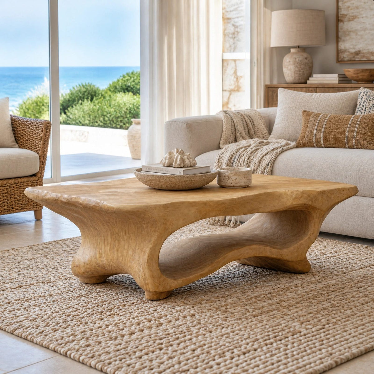Contemporary Live Edge Coffee Table With Sculpted Wave Base For Living Room