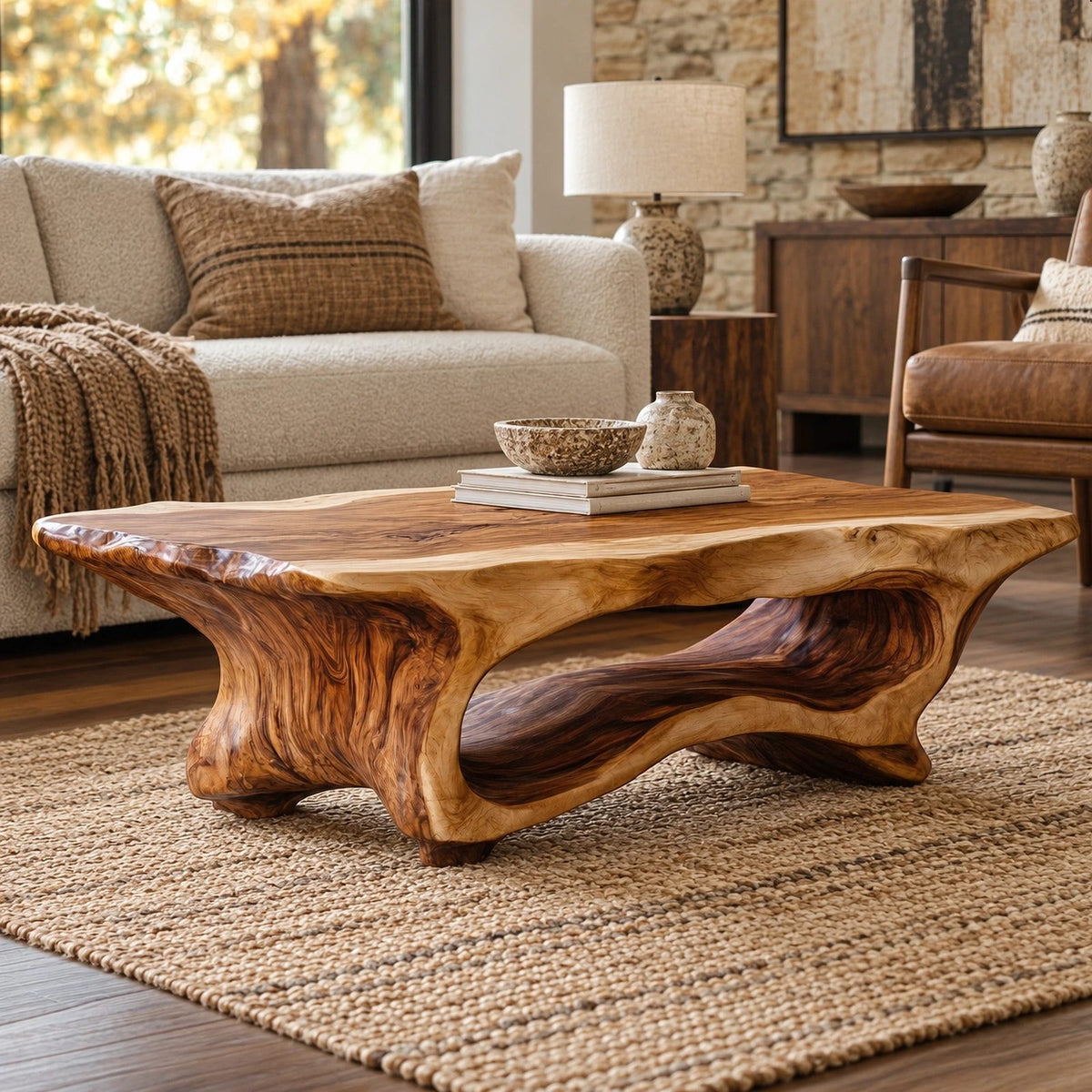 Contemporary Live Edge Coffee Table With Sculpted Wave Base For Living Room