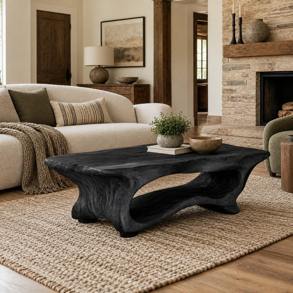 Contemporary Live Edge Coffee Table With Sculpted Wave Base For Living Room