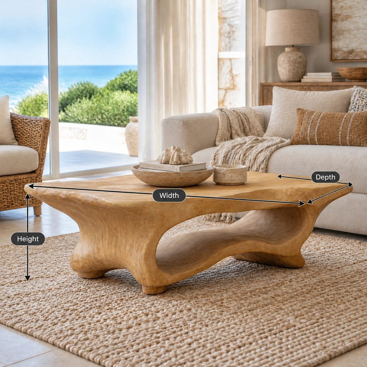 Contemporary Live Edge Coffee Table With Sculpted Wave Base For Living Room