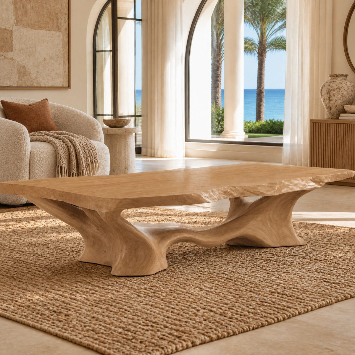Modern Live Edge Coffee Table With Sculpted Root Pedestal For Living Room