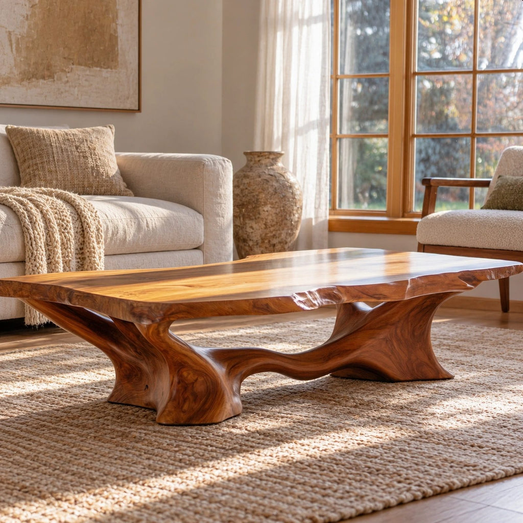 Modern Live Edge Coffee Table With Sculpted Root Pedestal For Living Room