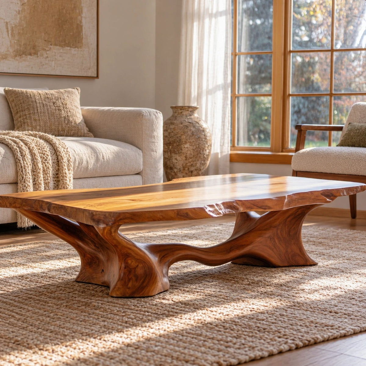 Modern Live Edge Coffee Table With Sculpted Root Pedestal For Living Room