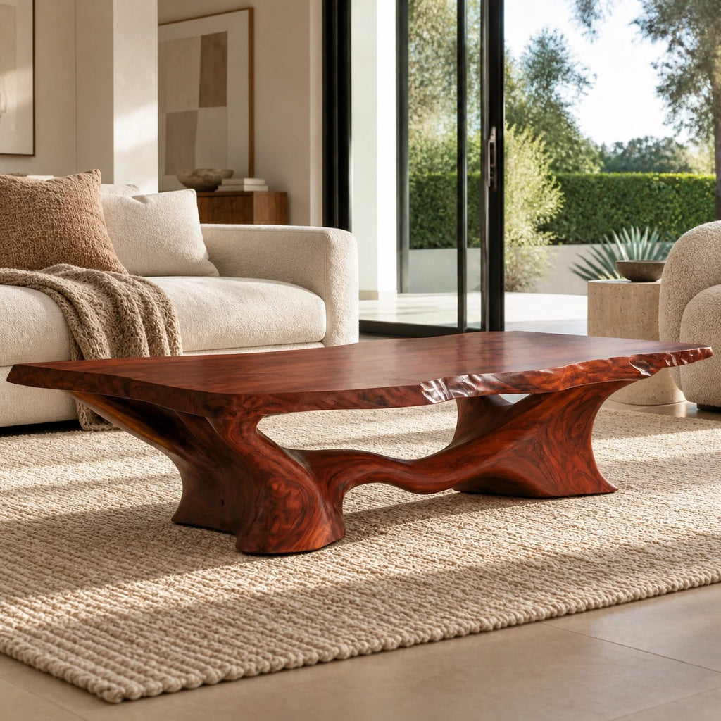 Modern Live Edge Coffee Table With Sculpted Root Pedestal For Living Room
