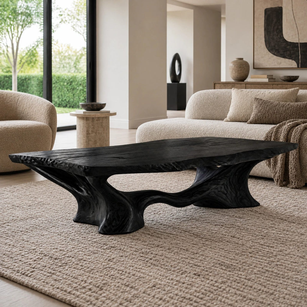 Modern Live Edge Coffee Table With Sculpted Root Pedestal For Living Room