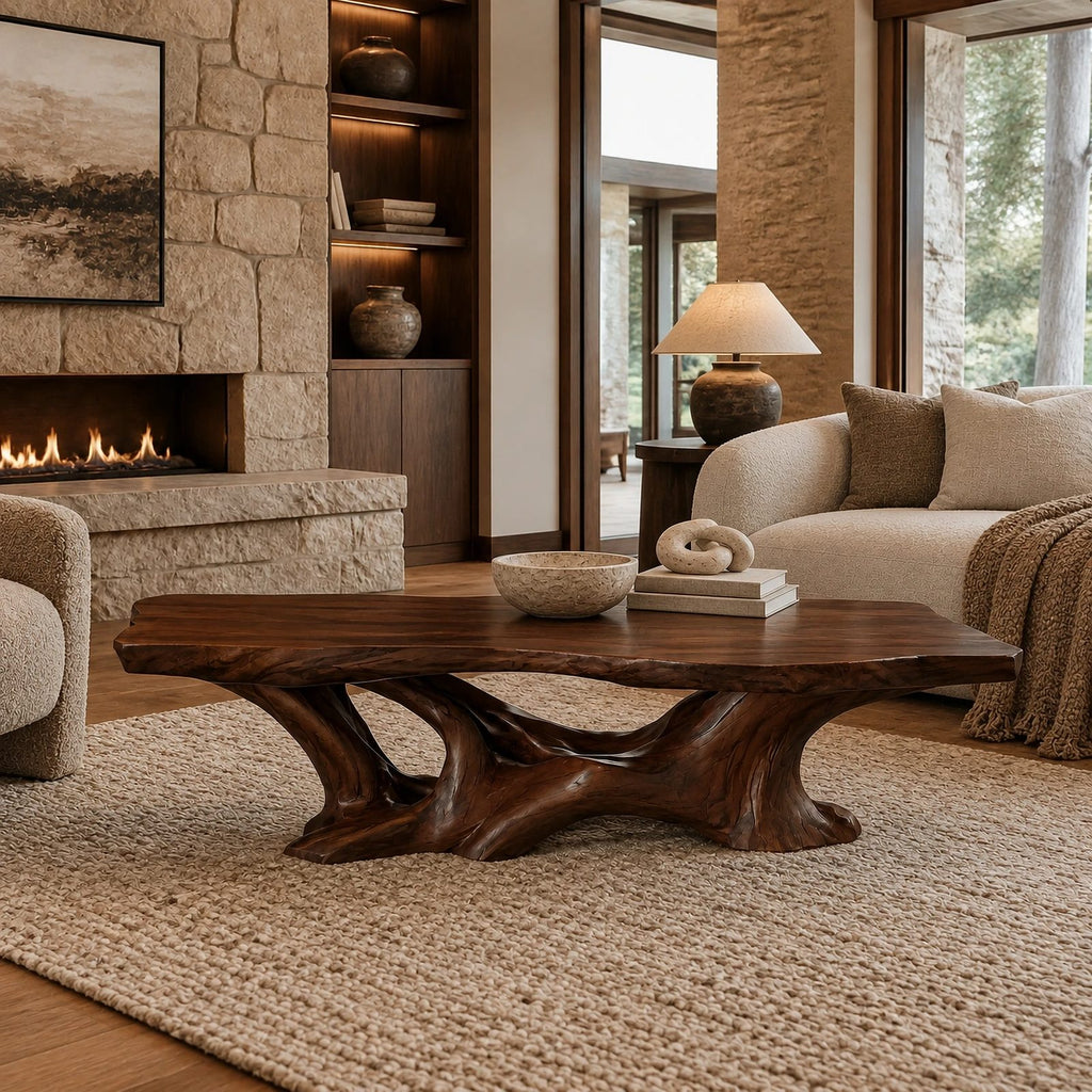 Organic Live Edge Coffee Table With Flowing Branch Base For Living Room