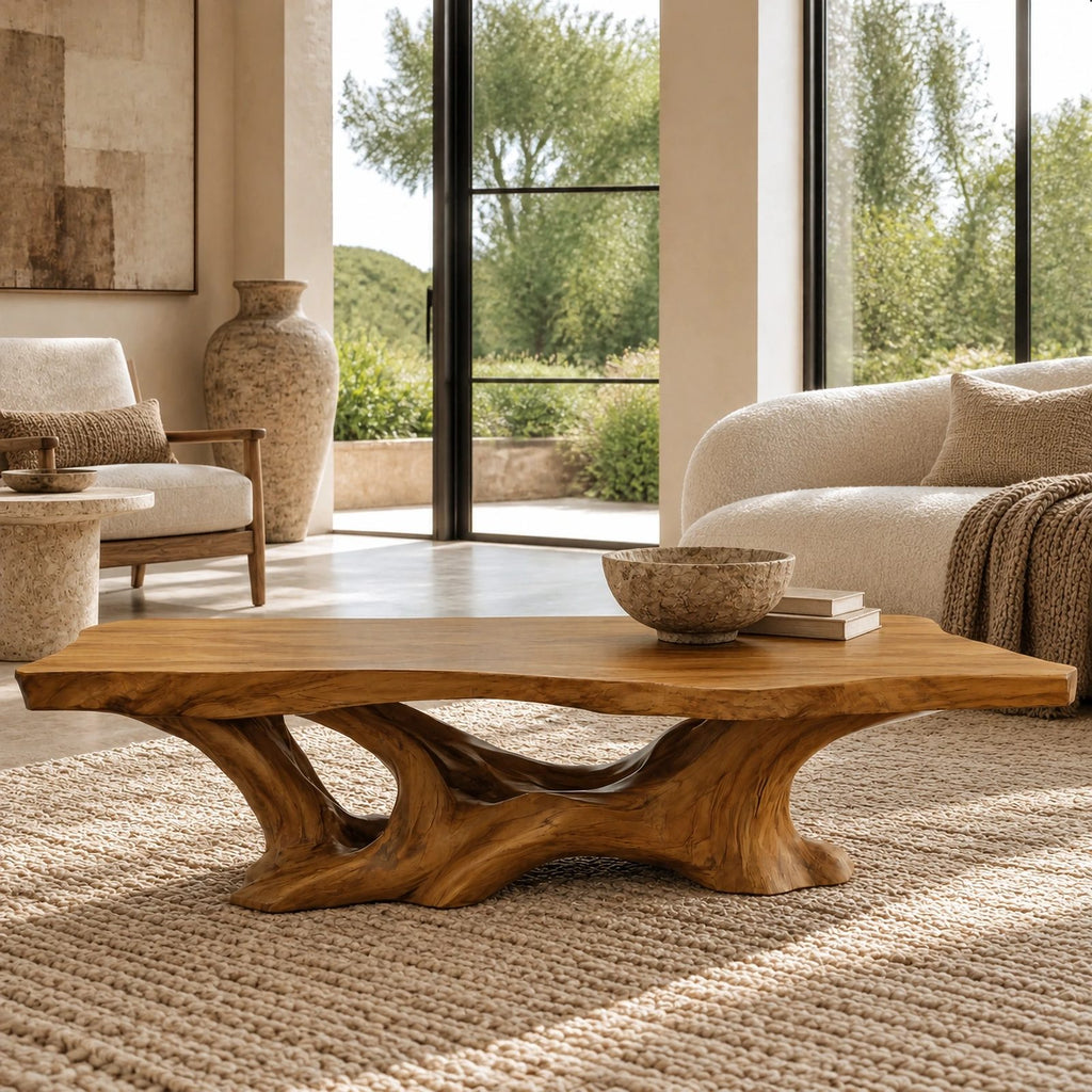 Organic Live Edge Coffee Table With Flowing Branch Base For Living Room