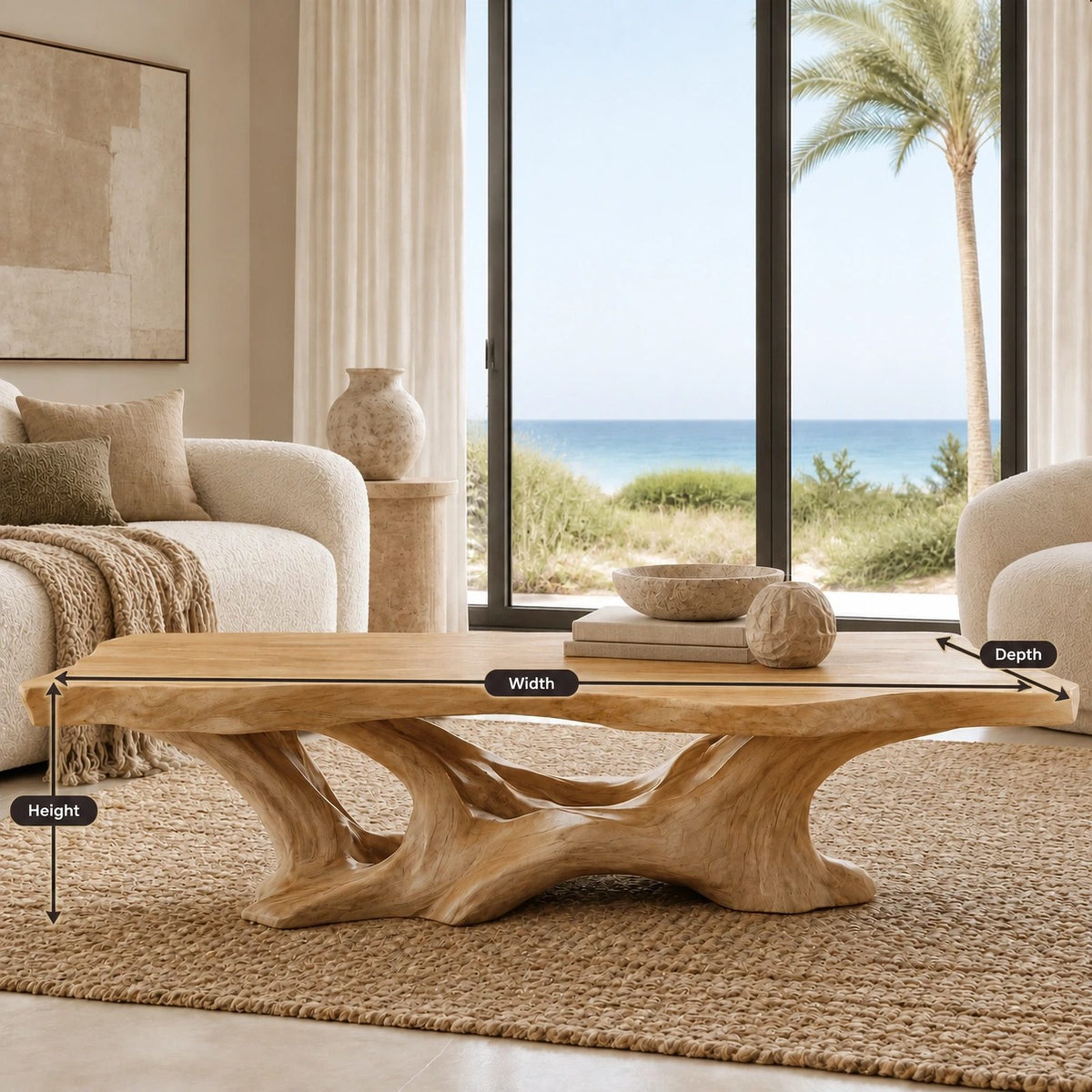 Organic Live Edge Coffee Table With Flowing Branch Base For Living Room