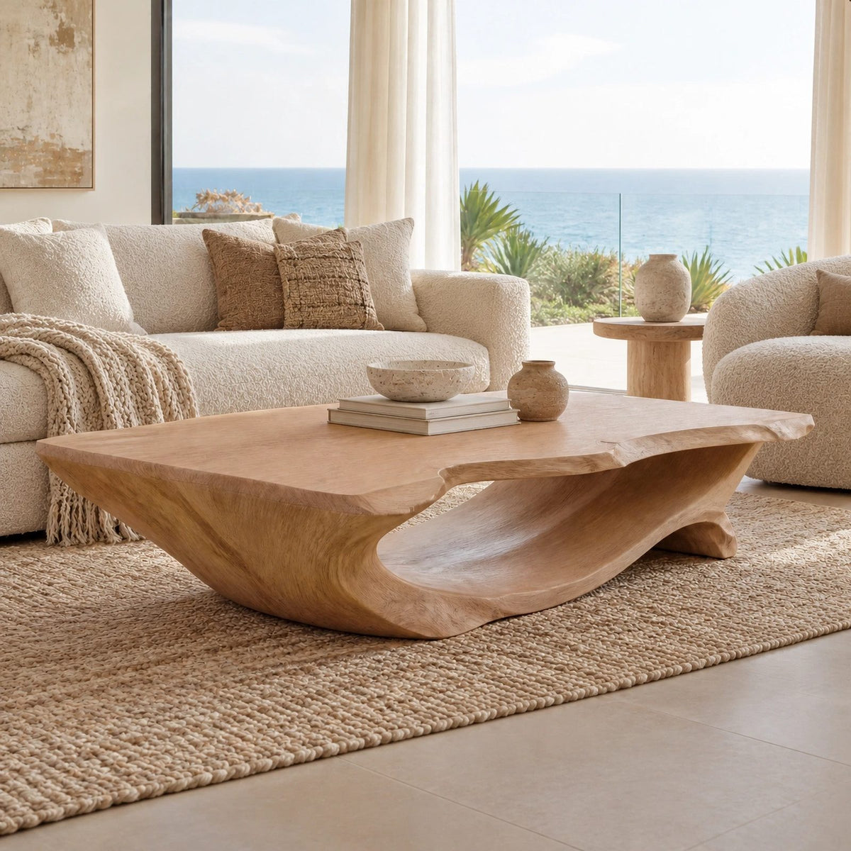 Sculptural Live Edge Coffee Table With Hollow Root Arch For Living Room
