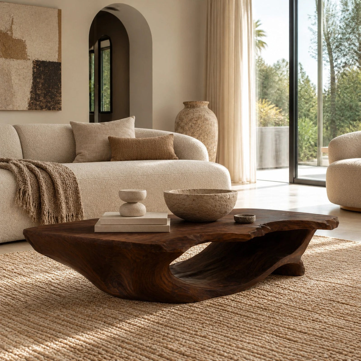 Sculptural Live Edge Coffee Table With Hollow Root Arch For Living Room