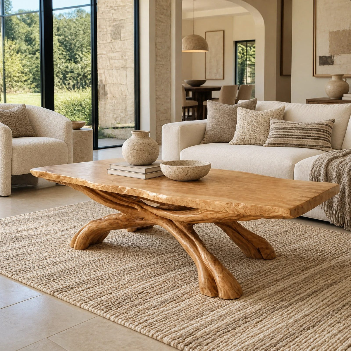 Freeform Live Edge Coffee Table With Woven Root Legs For Living Room