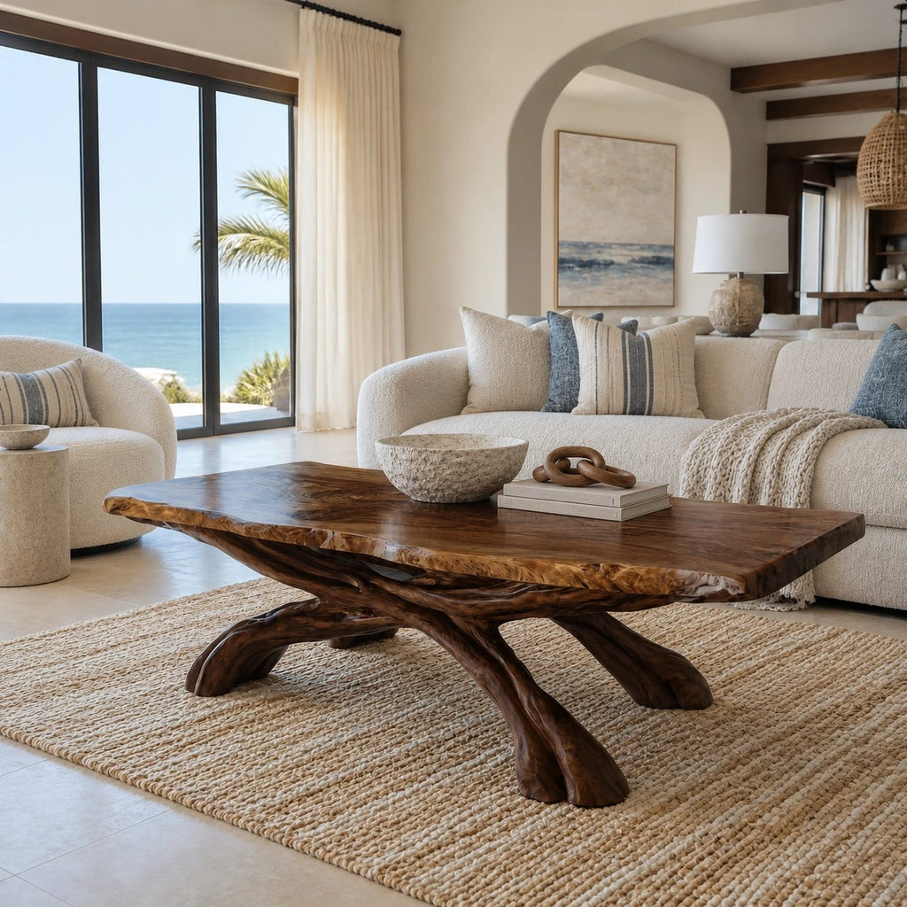Freeform Live Edge Coffee Table With Woven Root Legs For Living Room