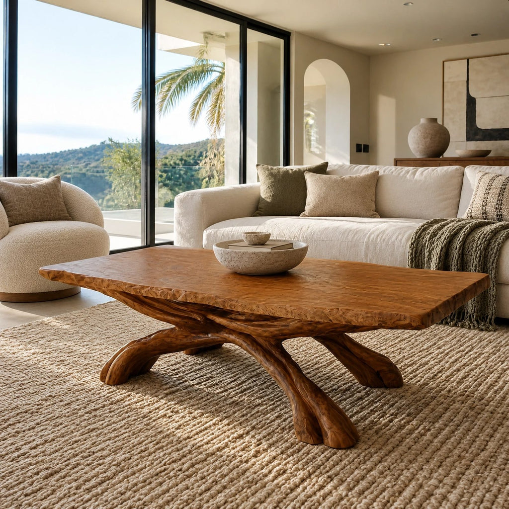 Freeform Live Edge Coffee Table With Woven Root Legs For Living Room