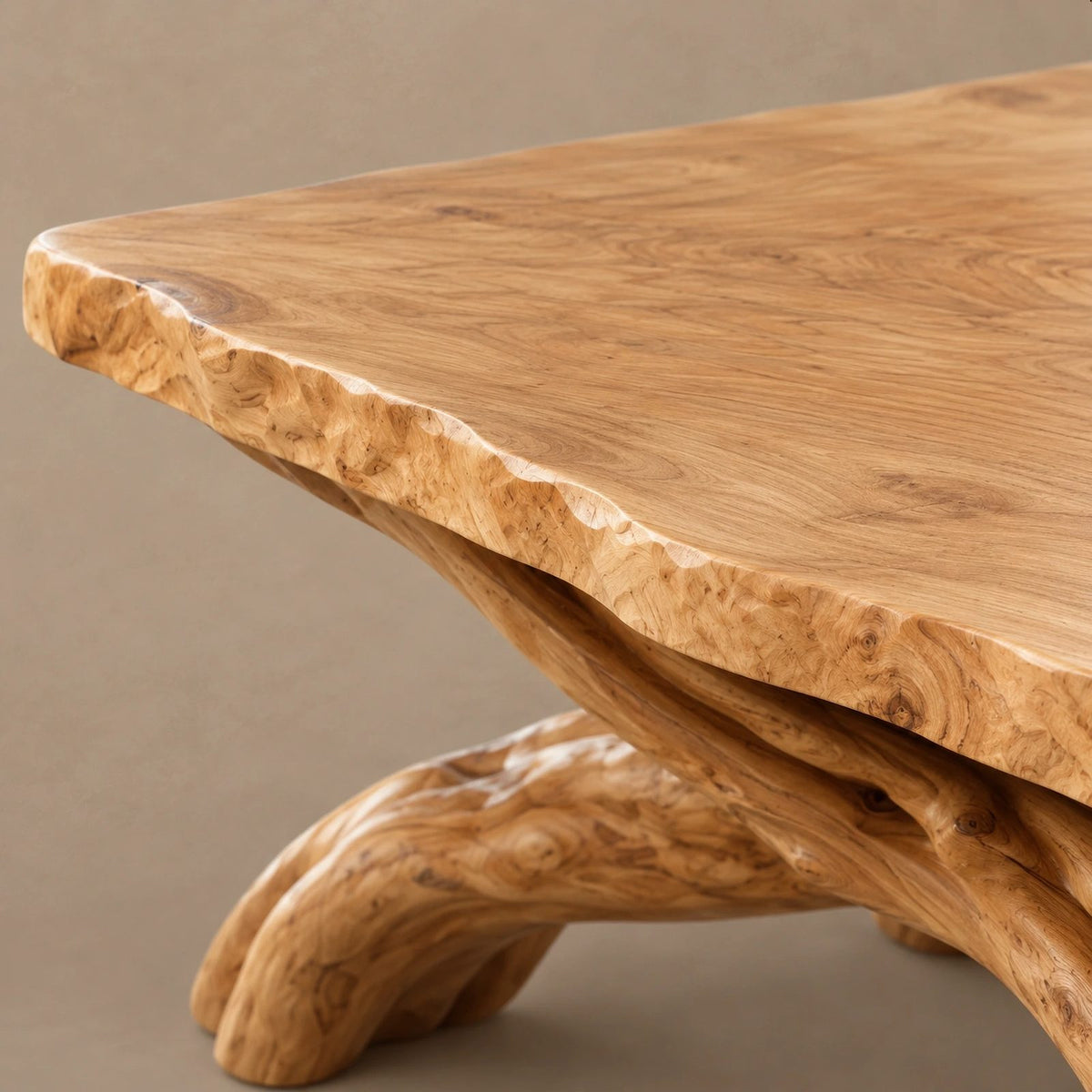Freeform Live Edge Coffee Table With Woven Root Legs For Living Room